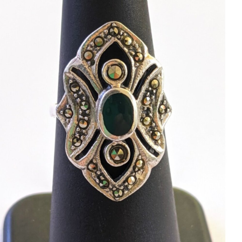 1970s vintage malachite & marcasite Art Deco revival ring, size 5.75, retro - Picture 3 of 9